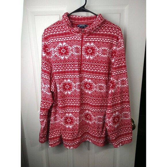 Lands End Woman 20Jacket  Fleece 1/4 Zip Pullover Red Snowflake Holiday Festive - Picture 1 of 9